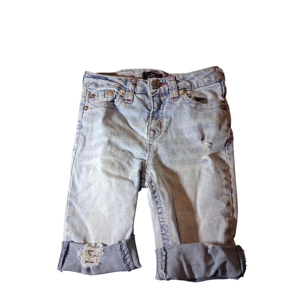 True Religion Joey Hi Rise Flare Girls Light Wash Distressed Denim Shorts 12